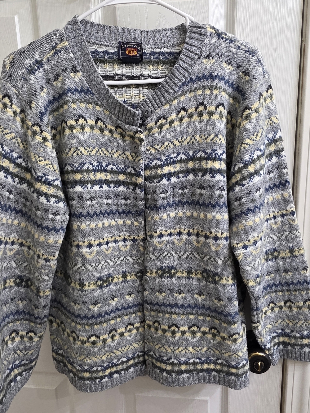 Vintage Route 66 Gray Fair Isle Cardigan Sweater Knit Grandmacore
